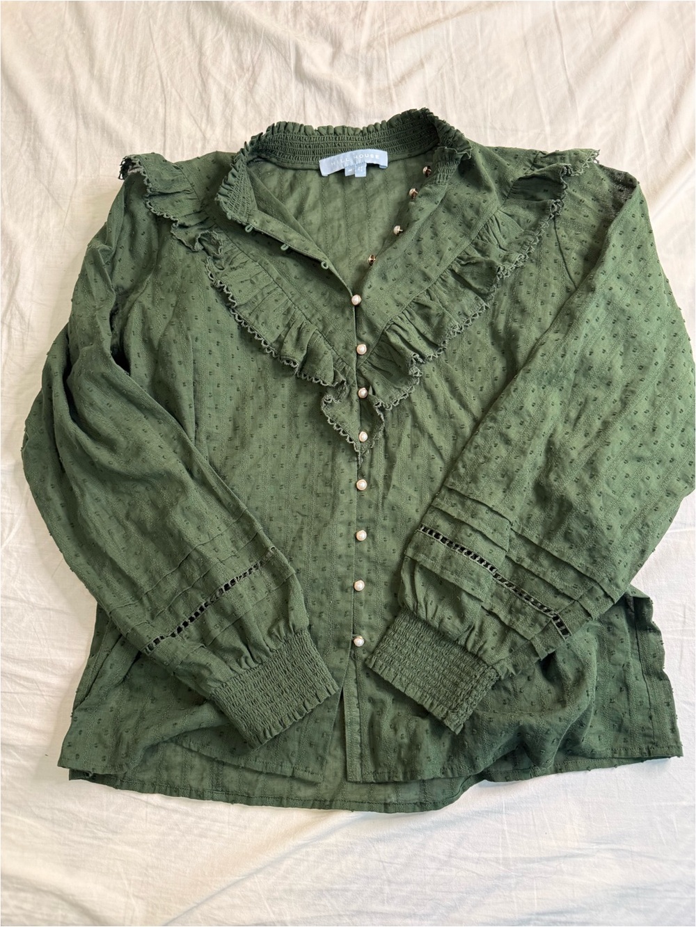 Ruffled Dot-Texture Button-Front Top in Olive Green